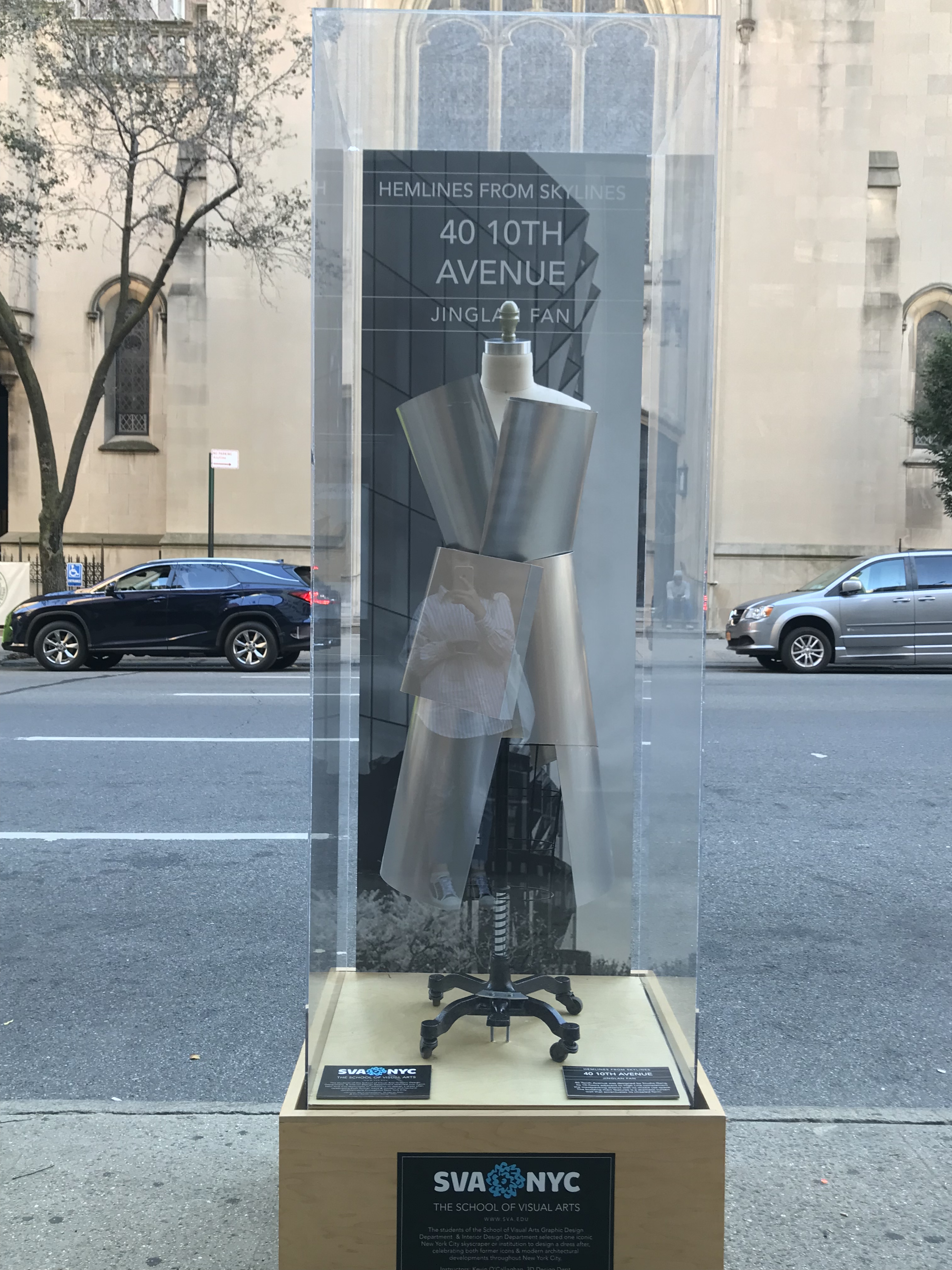 40 Tenth Avenue installation design dress inspired by Solar Carve Tower, exhibited on Madison Avenue, NYC